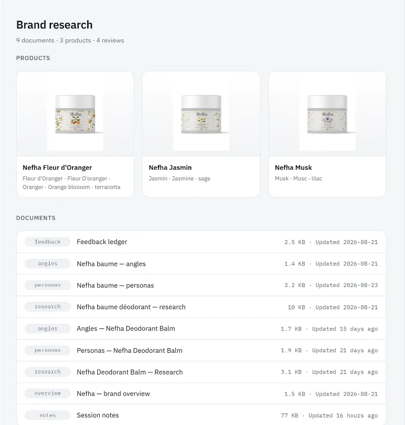 Brand research: product cards and research documents for a brand.